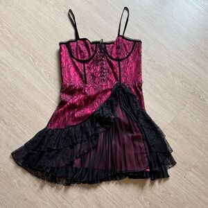 Alice + Olivia Fuchsia and Black Lace Mini Dress